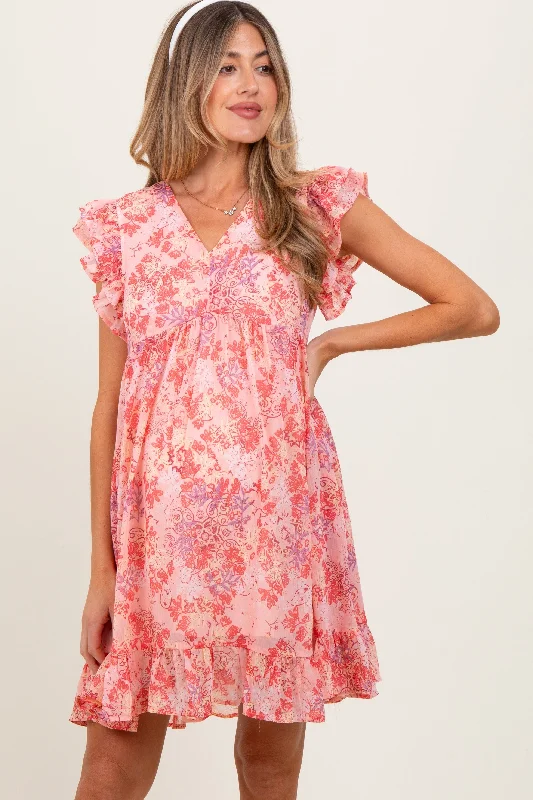 Cycling Short Sleeve TopsPink Floral Chiffon Ruffle Short Sleeve Maternity Dress