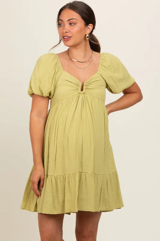 Light Olive U Notched Bubble Short Sleeve Maternity DressProm Dress