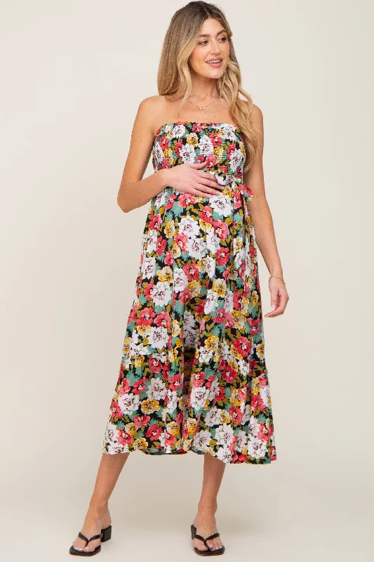 Black Floral Smocked Strapless Maternity Midi DressChiffon Dress