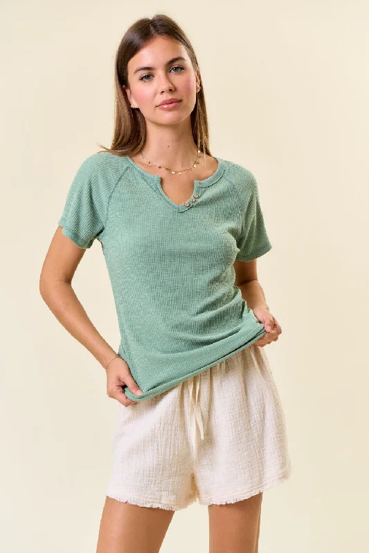 Oversized Short Sleeve TopsLight Olive Ribbed Split Neckline Short Sleeve Top