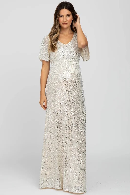 Cream Sequin Short Sleeve Maternity Maxi DressHiking Dress