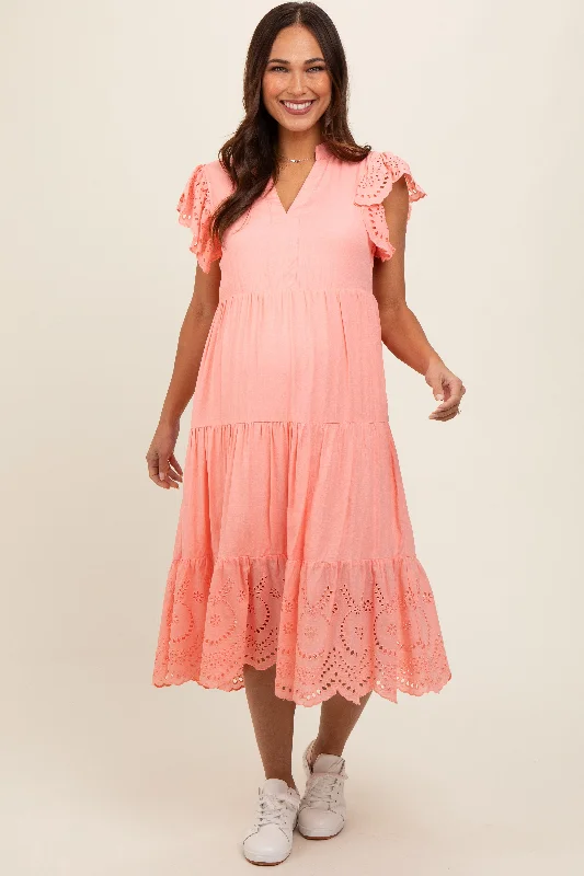 Peach V-Neck Eyelet Detail Ruffle Shoulder Tiered Maternity Midi DressVNeckTopAdventurer