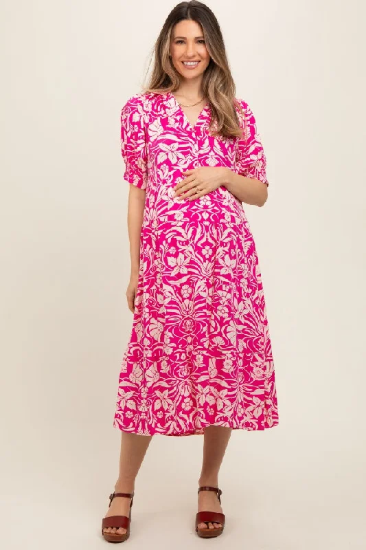 Fuchsia Floral V-Neck Tiered Maternity Midi DressVNeckTopSilver