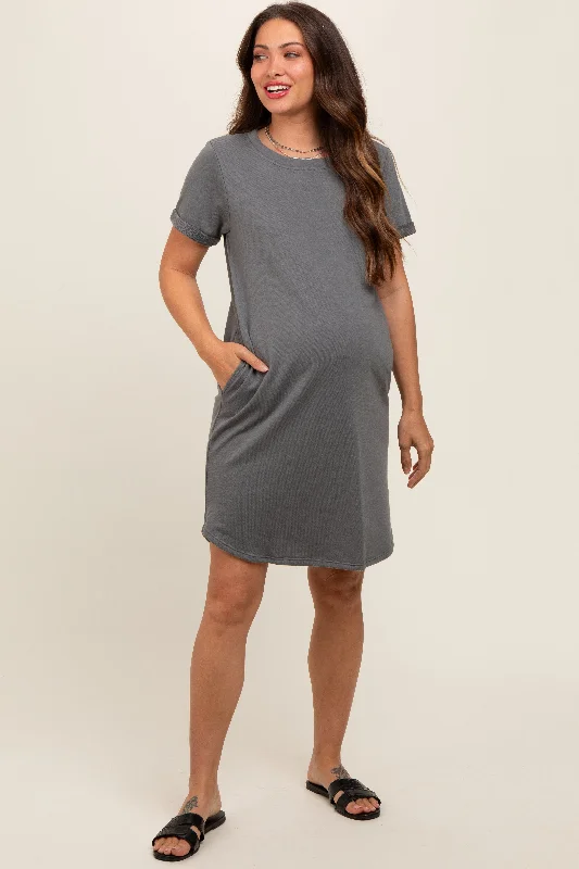 Bamboo Short Sleeve TopsCharcoal French Terry Cuffed Short Sleeve Maternity Dress