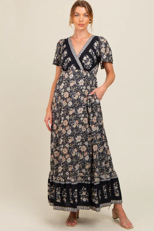 Black Floral Border Printed Woven Short Sleeve V-Neck Maternity Maxi DressSpaghetti Strap Dress