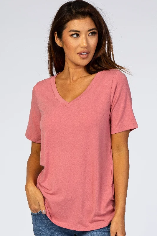 Rose Pink V-Neck Short Sleeve Basic TopVNeckTopNova