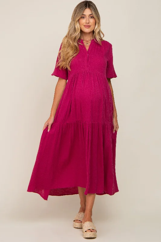 Magenta Gauze Split V-Neck Tiered Maternity Maxi DressVNeckTopEdge