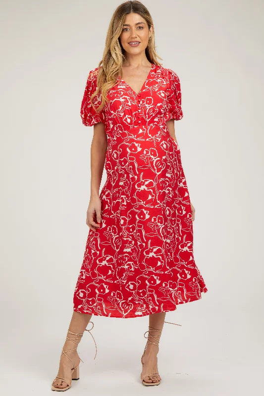 Red Floral Button Front Short Sleeve Maternity Midi DressPrinted Dress