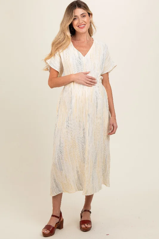 Cream Abstract Print V-Neck Maternity Midi DressShift Dress