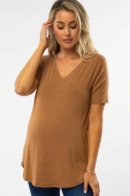 Camel V-Neck Maternity Short Sleeve Round Hem TopVNeckTopAmber