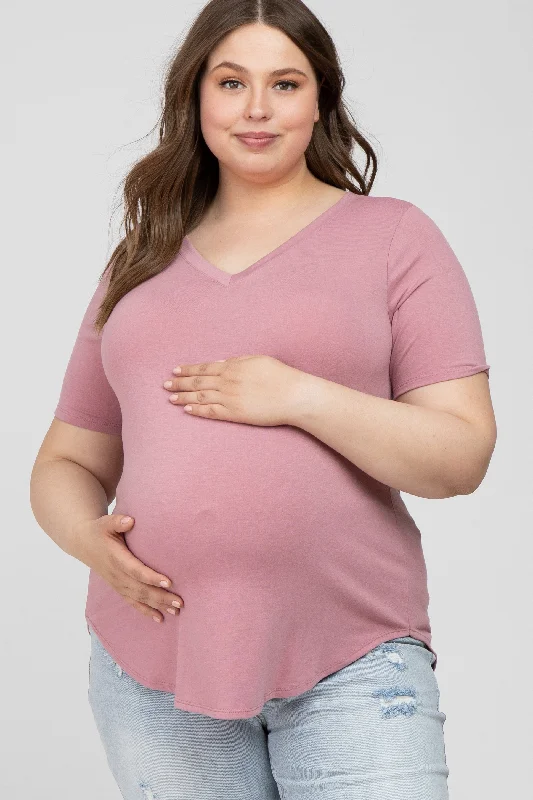 Mauve V-Neck Round Hem Maternity Plus TopVNeckTopPeak