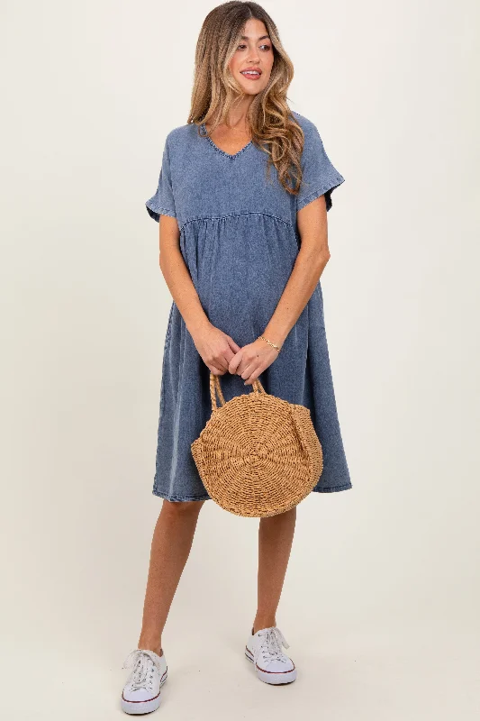 Blue Denim V-Neck Short Sleeve Maternity DressVNeckTopGeo