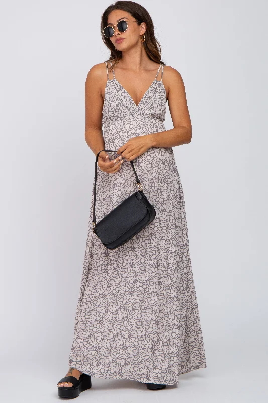 Grey Printed Sleeveless Maternity Maxi DressGeometric Dress