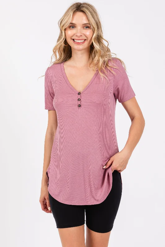 Embroidered Short Sleeve TopsMauve Ribbed Short Sleeve Button Detail Top