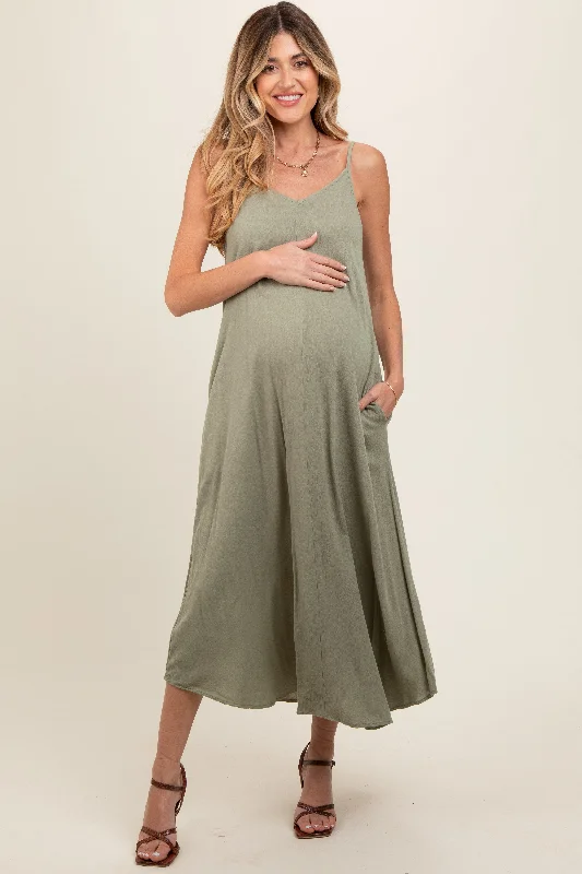 Light Olive Lightweight Sleeveless V-Neck Maternity Maxi DressVNeckTopEcho